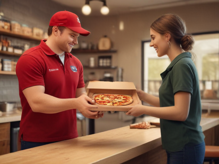 Restaurant staff handing a takeout order to a delivery driver at the counter