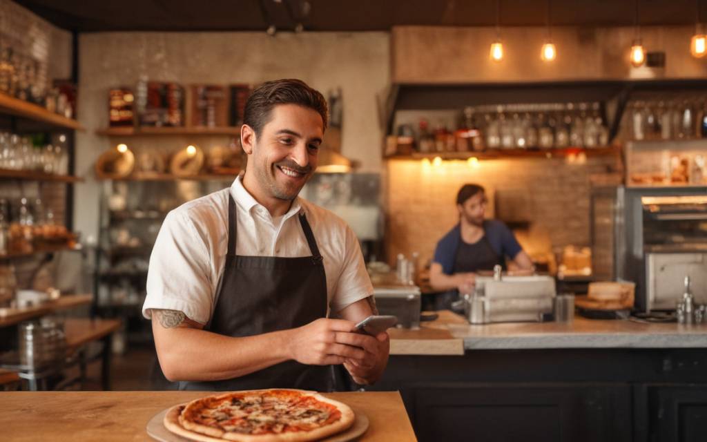 Staff at a busy pizzeria answering the phone during the dinner rush